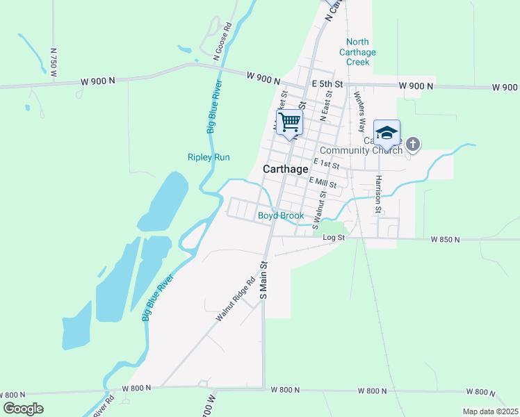 map of restaurants, bars, coffee shops, grocery stores, and more near 101 South Market Street in Carthage