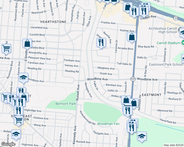 map of restaurants, bars, coffee shops, grocery stores, and more near 1557 Falke Drive in Dayton