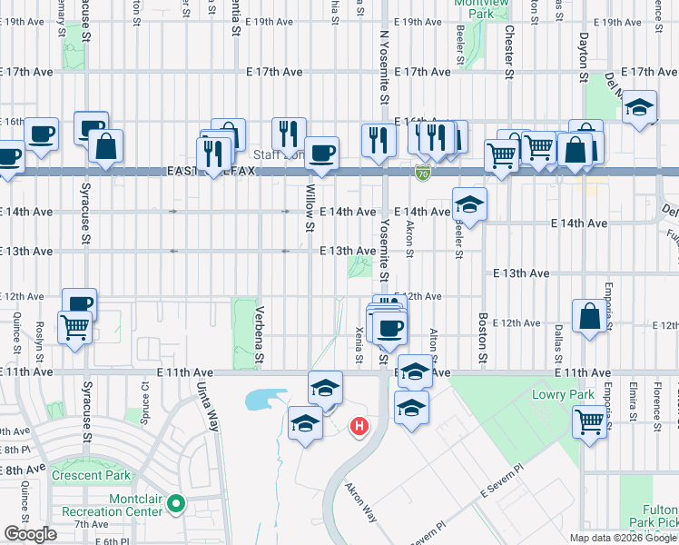 map of restaurants, bars, coffee shops, grocery stores, and more near 1241 Xanthia Street in Denver