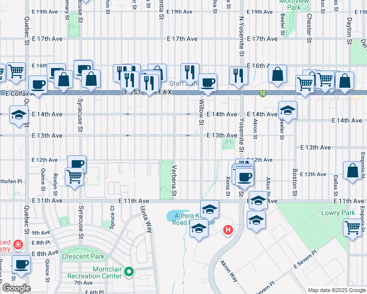 map of restaurants, bars, coffee shops, grocery stores, and more near 1240 Verbena Street in Denver
