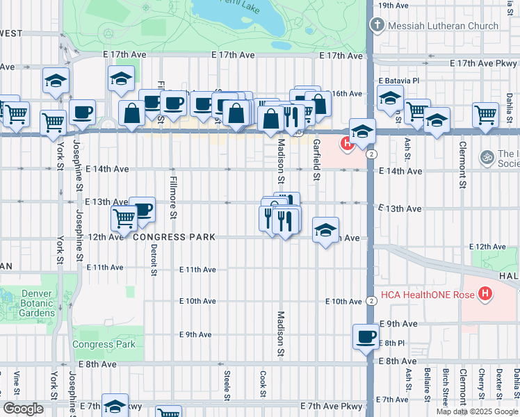 map of restaurants, bars, coffee shops, grocery stores, and more near 3328 East 13th Avenue in Denver