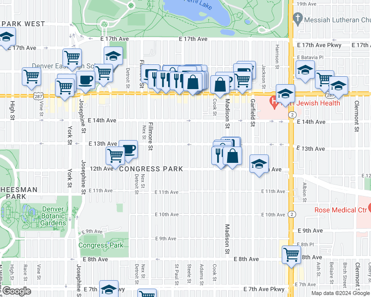 map of restaurants, bars, coffee shops, grocery stores, and more near 1327 Steele Street in Denver