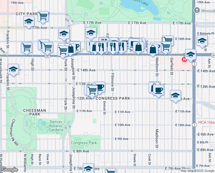 map of restaurants, bars, coffee shops, grocery stores, and more near 1282 Detroit Street in Denver