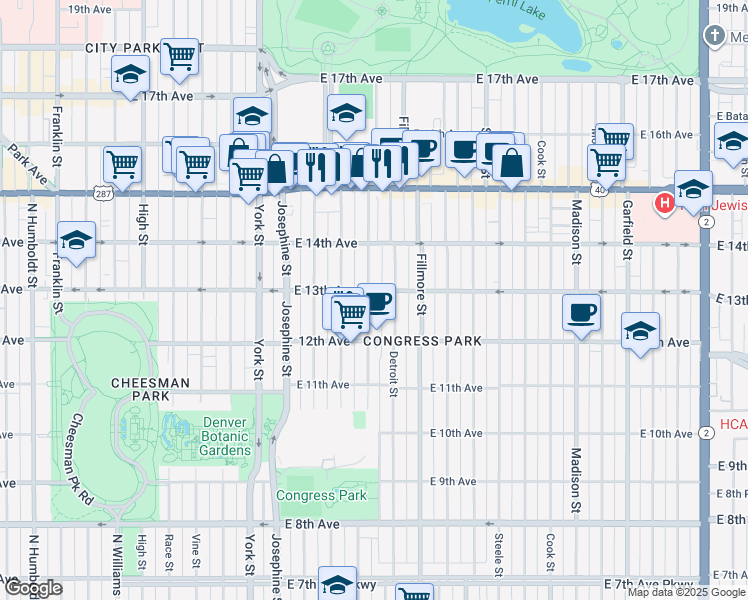 map of restaurants, bars, coffee shops, grocery stores, and more near 1280 Clayton Street in Denver