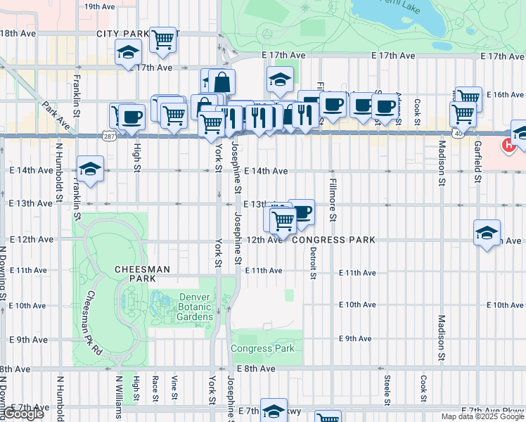 map of restaurants, bars, coffee shops, grocery stores, and more near 1265 Elizabeth Street in Denver