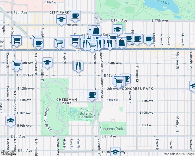 map of restaurants, bars, coffee shops, grocery stores, and more near 1260 York Street in Denver