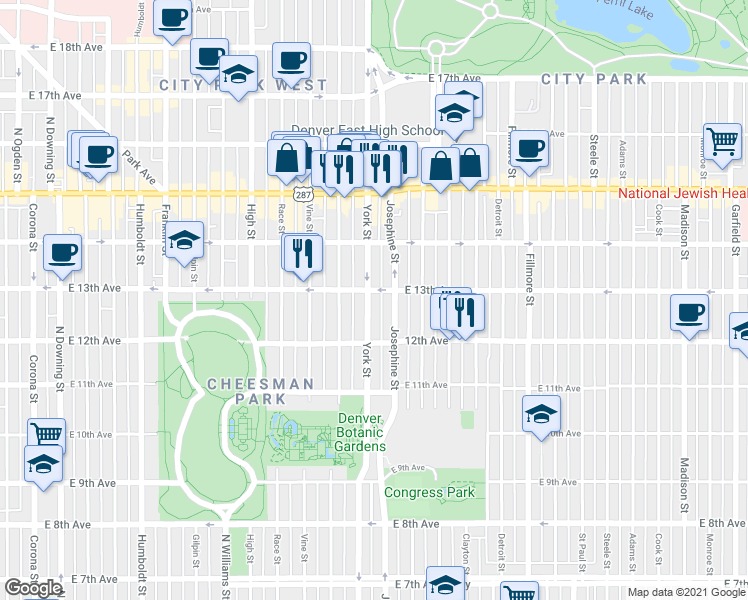 map of restaurants, bars, coffee shops, grocery stores, and more near 1260 York Street in Denver