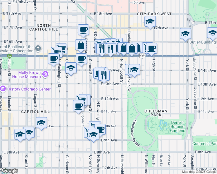 map of restaurants, bars, coffee shops, grocery stores, and more near 1270 North Marion Street in Denver