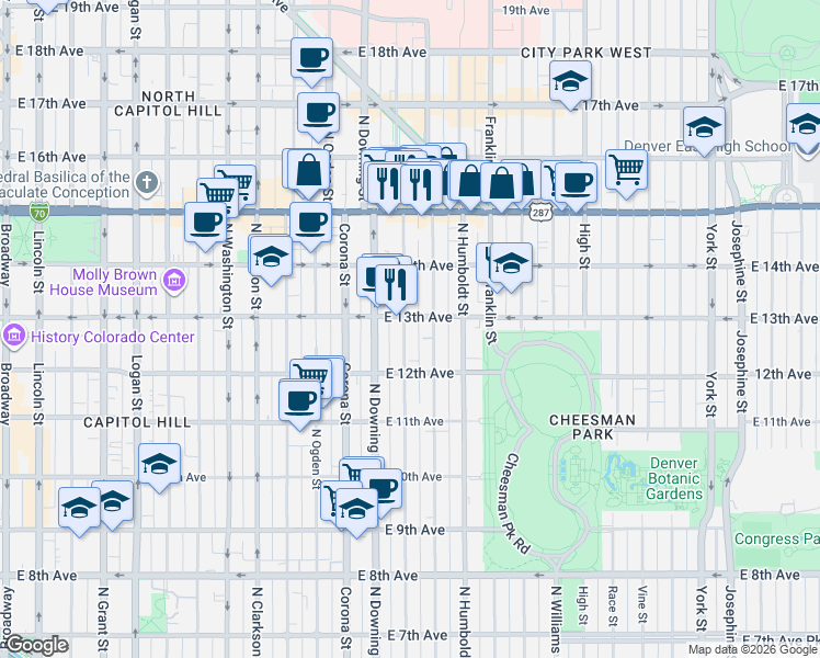map of restaurants, bars, coffee shops, grocery stores, and more near 1270 North Marion Street in Denver
