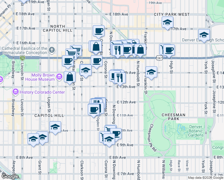 map of restaurants, bars, coffee shops, grocery stores, and more near in Denver