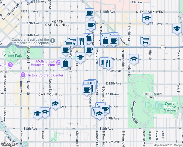 map of restaurants, bars, coffee shops, grocery stores, and more near 1275 Corona Street in Denver
