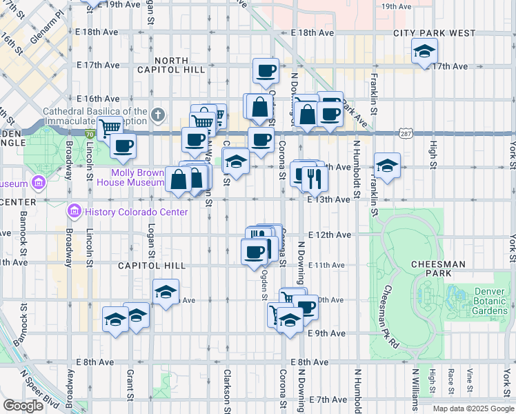 map of restaurants, bars, coffee shops, grocery stores, and more near 1276 Emerson Street in Denver