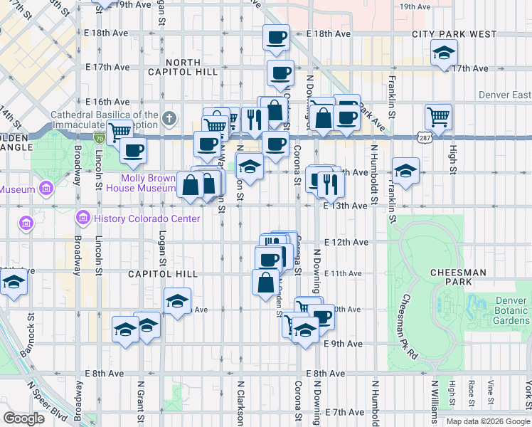 map of restaurants, bars, coffee shops, grocery stores, and more near 1276 Emerson Street in Denver