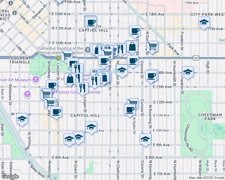 map of restaurants, bars, coffee shops, grocery stores, and more near 1275 North Washington Street in Denver