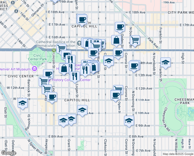 map of restaurants, bars, coffee shops, grocery stores, and more near 1275 North Washington Street in Denver