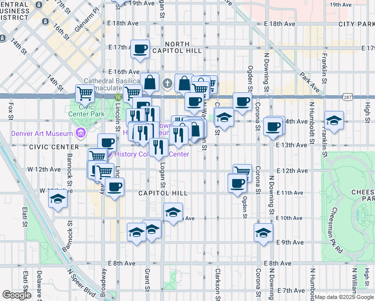 map of restaurants, bars, coffee shops, grocery stores, and more near in Denver