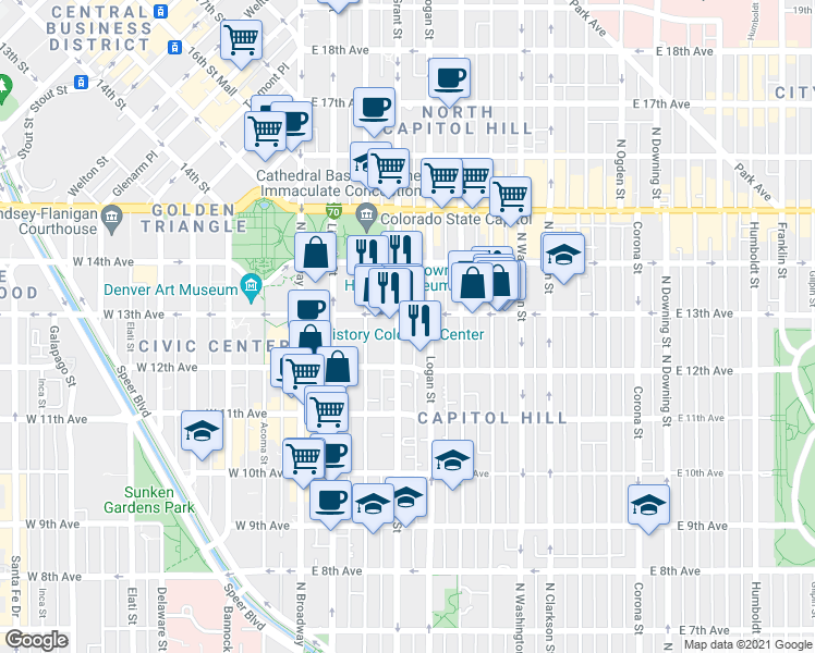 map of restaurants, bars, coffee shops, grocery stores, and more near 1264 Grant Street in Denver