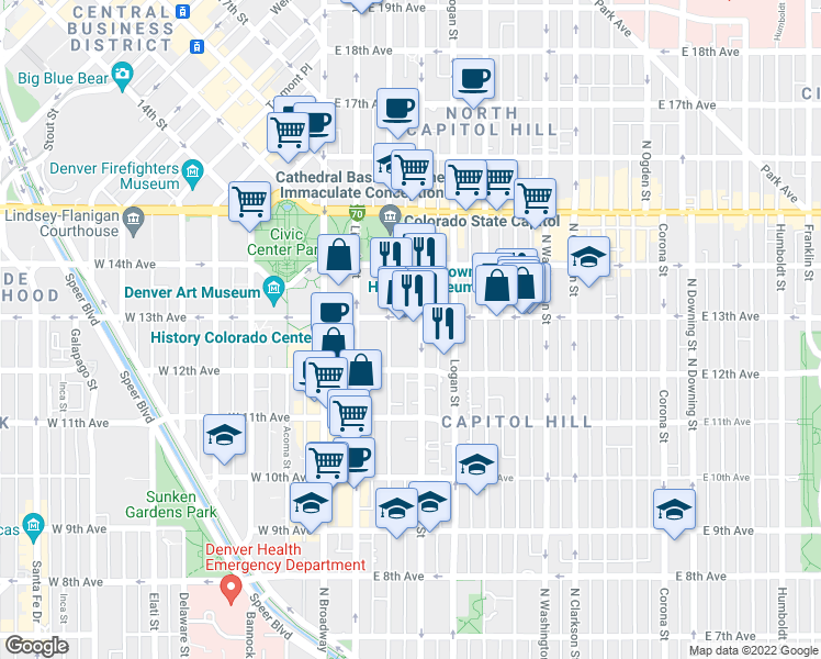map of restaurants, bars, coffee shops, grocery stores, and more near 1264 Grant Street in Denver