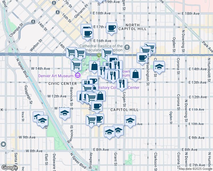 map of restaurants, bars, coffee shops, grocery stores, and more near 1271 Sherman Street in Denver