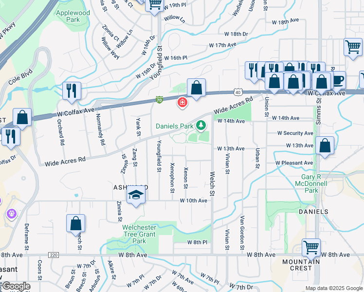 map of restaurants, bars, coffee shops, grocery stores, and more near 1212 Xenophon Street in Golden