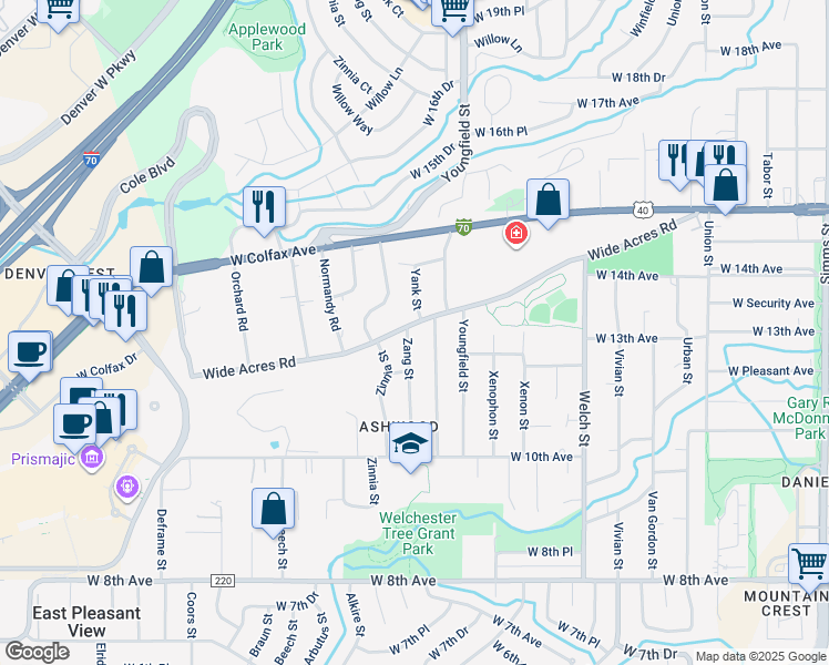 map of restaurants, bars, coffee shops, grocery stores, and more near 1225 Yank Street in Golden