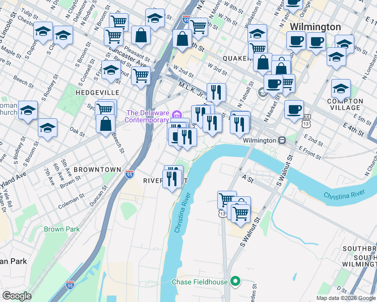 map of restaurants, bars, coffee shops, grocery stores, and more near 321a Justison Street in Wilmington