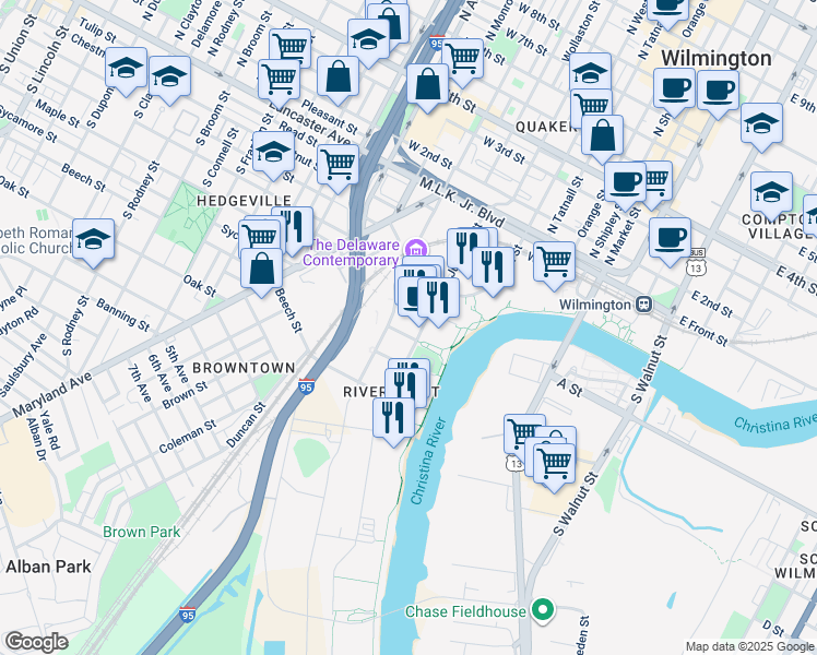 map of restaurants, bars, coffee shops, grocery stores, and more near 617 Harlan Boulevard in Wilmington