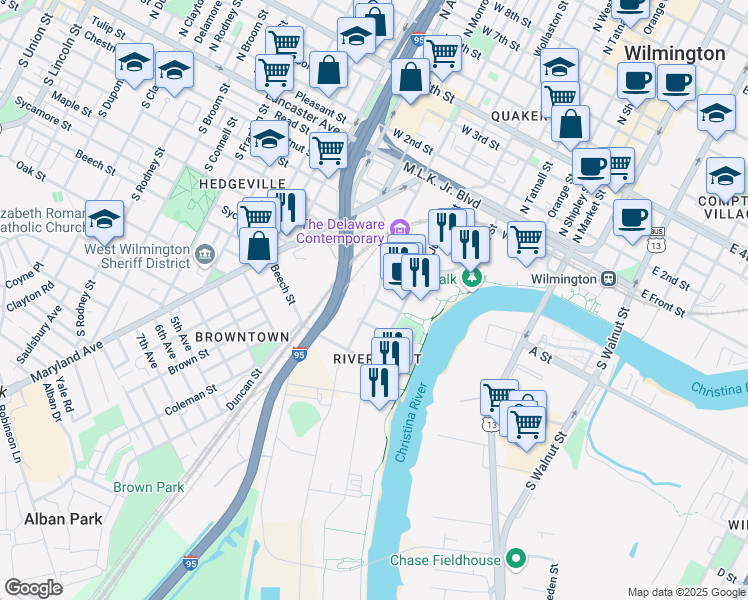 map of restaurants, bars, coffee shops, grocery stores, and more near 617 Harlan Boulevard in Wilmington