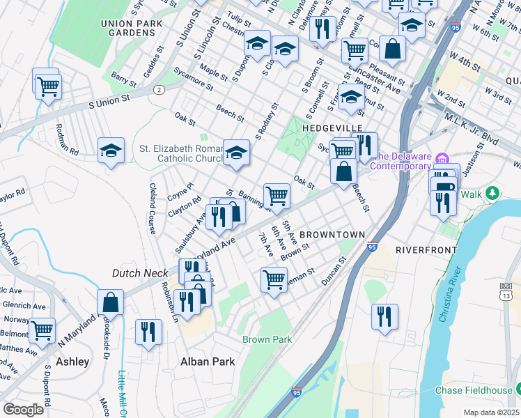 map of restaurants, bars, coffee shops, grocery stores, and more near 1322 Banning Street in Wilmington
