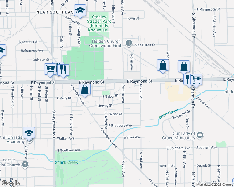map of restaurants, bars, coffee shops, grocery stores, and more near 2944 East Tabor Street in Indianapolis