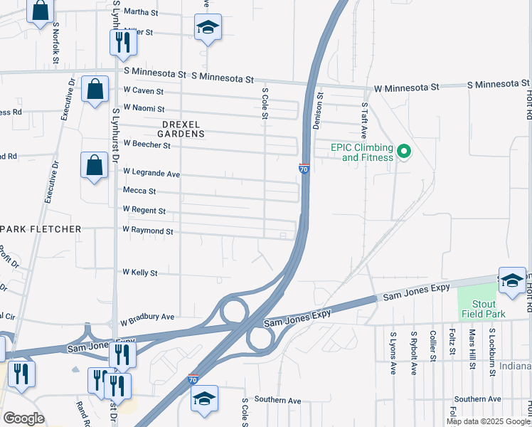 map of restaurants, bars, coffee shops, grocery stores, and more near 4820 West Regent Street in Indianapolis