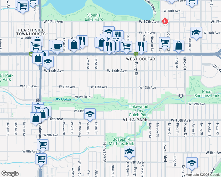 map of restaurants, bars, coffee shops, grocery stores, and more near 1295 Stuart Street in Denver