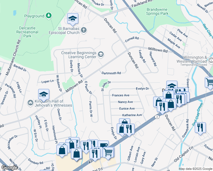 map of restaurants, bars, coffee shops, grocery stores, and more near 48A Saint John Drive in Wilmington