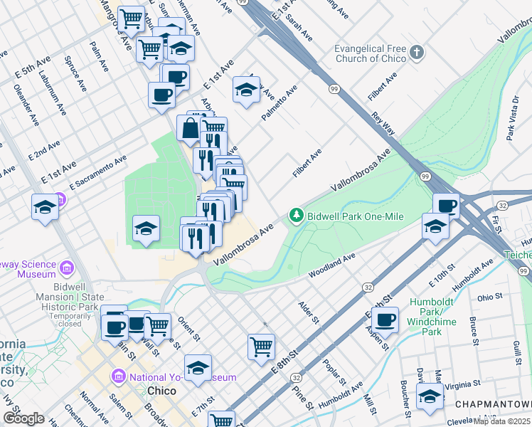 map of restaurants, bars, coffee shops, grocery stores, and more near 611 Arbutus Avenue in Chico