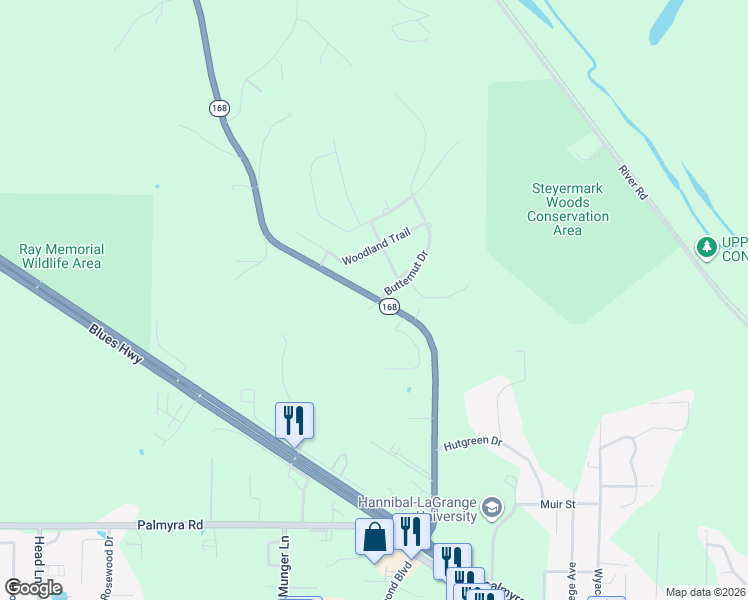 map of restaurants, bars, coffee shops, grocery stores, and more near 106 Butternut Street in Hannibal