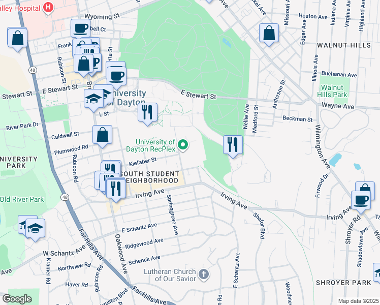 map of restaurants, bars, coffee shops, grocery stores, and more near 2 Evanston Avenue in Dayton