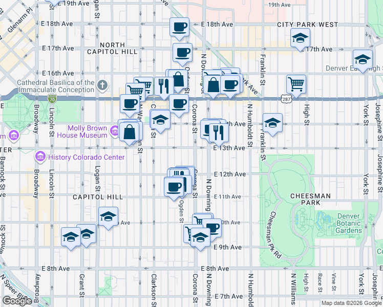 map of restaurants, bars, coffee shops, grocery stores, and more near 1275 Corona Street in Denver