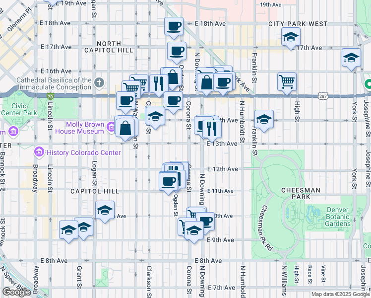map of restaurants, bars, coffee shops, grocery stores, and more near 1275 Corona Street in Denver