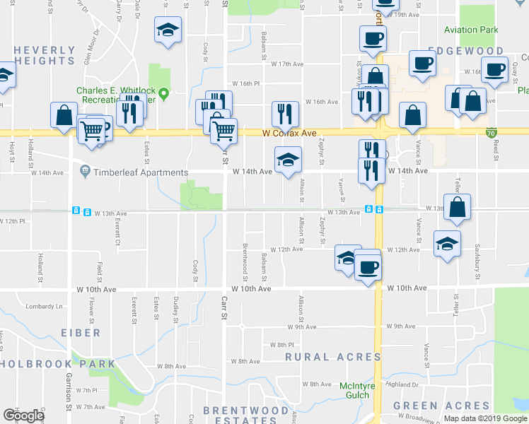 map of restaurants, bars, coffee shops, grocery stores, and more near 13th Ave & Balsam St in Lakewood