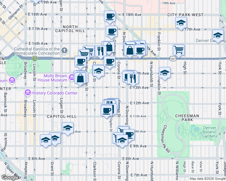 map of restaurants, bars, coffee shops, grocery stores, and more near 1274 North Ogden Street in Denver