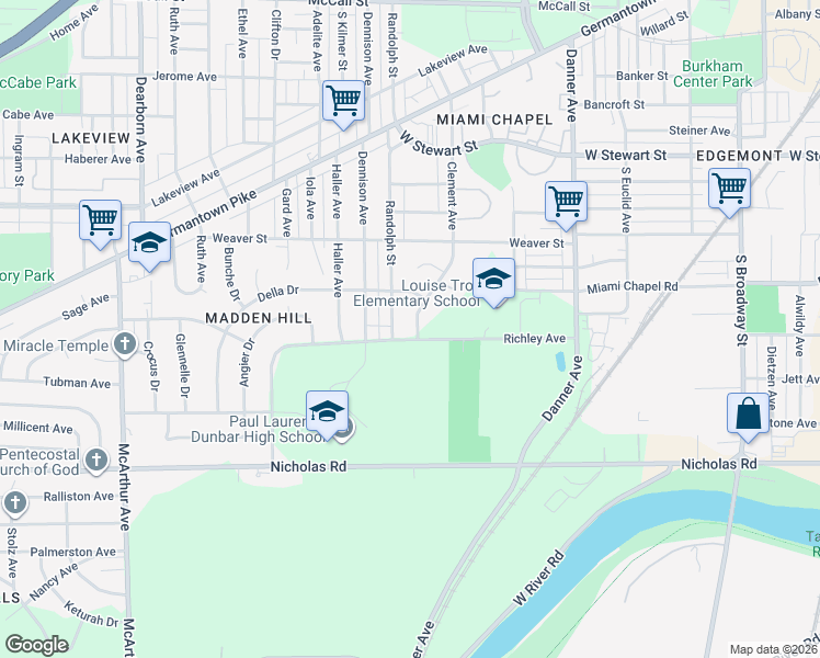 map of restaurants, bars, coffee shops, grocery stores, and more near 1843 Clement Avenue in Dayton