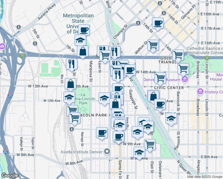 map of restaurants, bars, coffee shops, grocery stores, and more near 1266 Kalamath Street in Denver