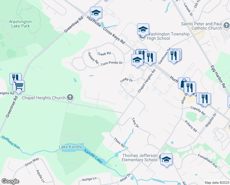 map of restaurants, bars, coffee shops, grocery stores, and more near 15 Harrogate Court in Washington Township
