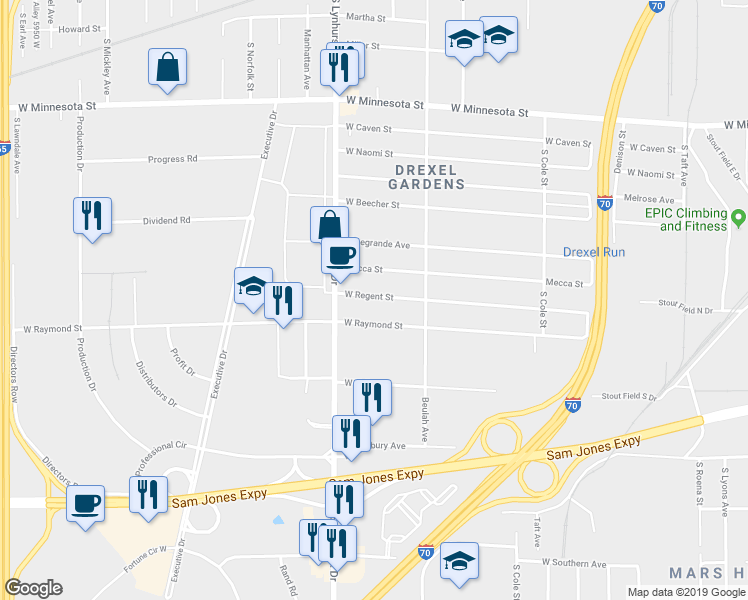 map of restaurants, bars, coffee shops, grocery stores, and more near 5205 West Regent Street in Indianapolis