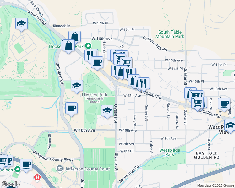 map of restaurants, bars, coffee shops, grocery stores, and more near 1200 Ulysses Street in Golden