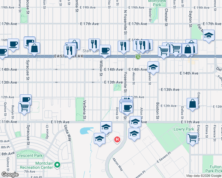 map of restaurants, bars, coffee shops, grocery stores, and more near 1241 Xanthia Street in Denver