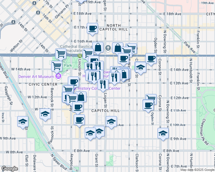map of restaurants, bars, coffee shops, grocery stores, and more near 1274 Logan Street in Denver