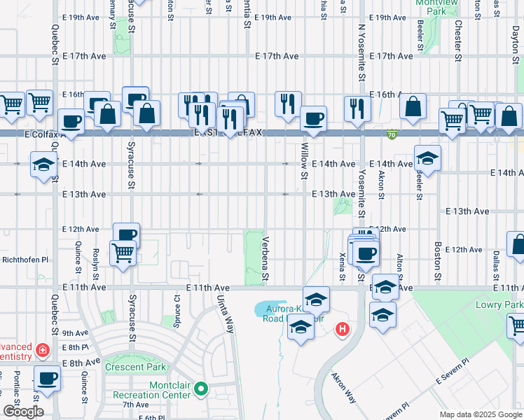 map of restaurants, bars, coffee shops, grocery stores, and more near 1251 Verbena Street in Denver