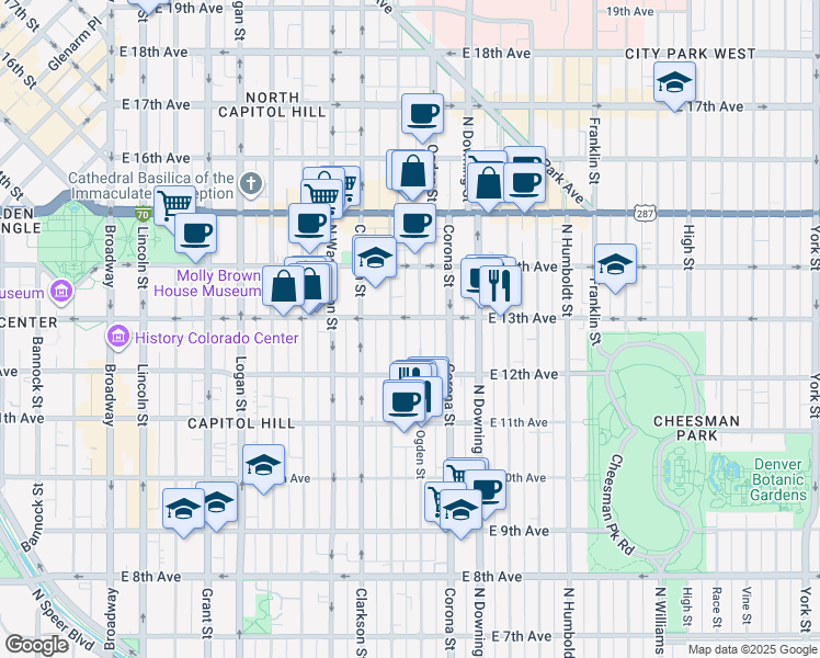 map of restaurants, bars, coffee shops, grocery stores, and more near 1276 Emerson Street in Denver
