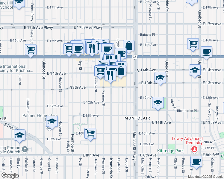 map of restaurants, bars, coffee shops, grocery stores, and more near 1276 Krameria Street in Denver